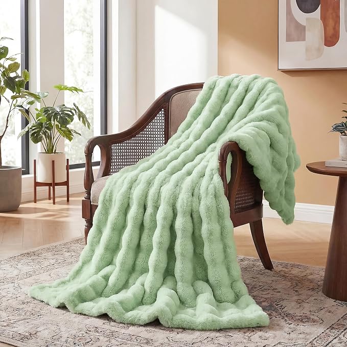 ORINOVA Sage Green Twin Size Blanket for Bed, 60x80 Ultra Soft Faux Rabbit Fur, Fuzzy Fluffy Plush Bubble Texture, Cozy Warm Reversible Throw for Couch, Bedroom Dorm Decor, Gifts for Women