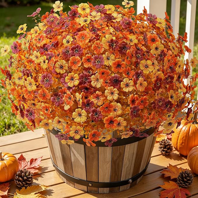 Alupssuc 24 Bundles Artificial Fall Flowers, UV Resistant Faux Mums Porch | Silk & Plastic, 13 Inch Tall, for Indoor Outdoor Planters Yard Patio Window Box, Autumn Outside Realistic Fake Decoration