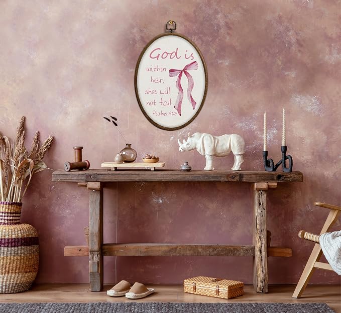 Coquette Pink Bow Christian Oval Wall Art, Bible Verse Scripture Oval Framed Wall Art, Waterproof Cottage Core Home Decor for Western Farmhouse Bedroom Living Room, Home Retro Decor Products, 05