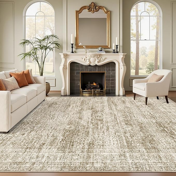 Soalmost Washable Area Rug 8x10 Large Soft Brown Rugs for Living Room | Vintage Non-Slip Carpet for Dining Bedroom, Stain Resistant Low Pile Foldable Lightweight Floor Mat Under Table Home Decor