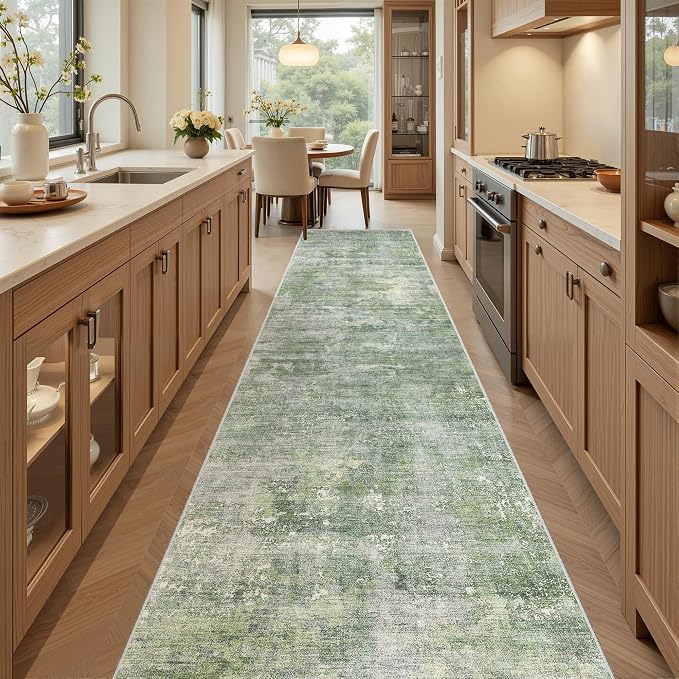 Soalmost Abstract Runner Rug 2x10 Hallway Kitchen Runners Green/Ivory | Vintage Washable Rugs for Bathroom Laundry Room, Low Pile Stain Resistant Floor Carpet Mat Entryway Corridor Bedroom