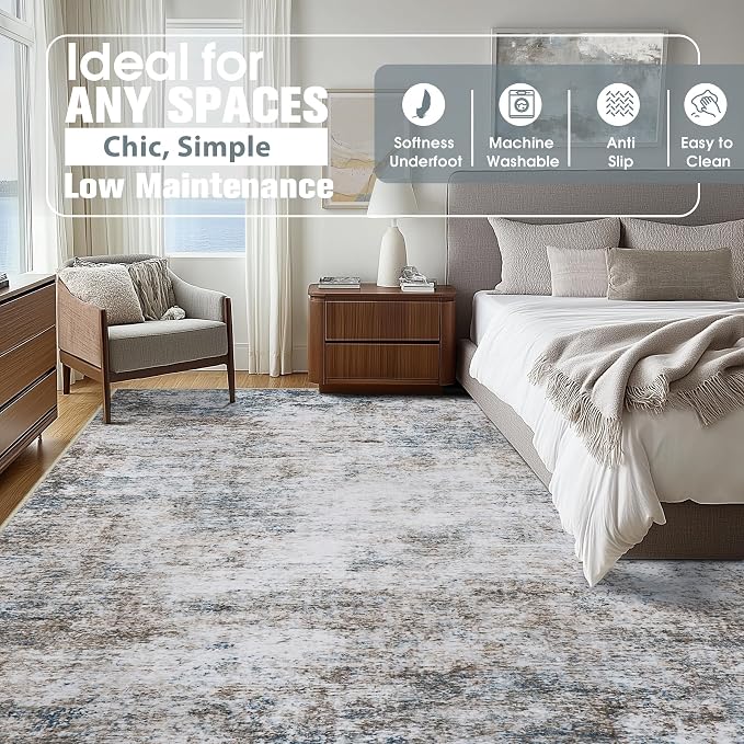 10x14 Area Rugs for Living Room Rug Washable: Abstract Large Rug Indoor Modern Carpet Non Slip for Dining Room Bedroom Nursery Home Office White Brown Blue