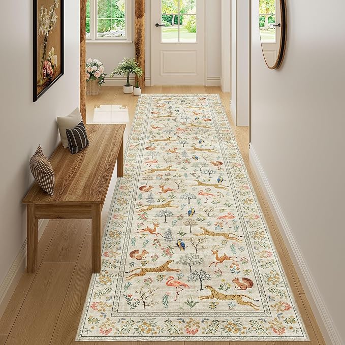 DUKINO 2.6x10 Washable Runner Rug, Non Slip Animal Rug for Hallway, Beige | Soft, Low Pile, Non-Shedding Indoor Carpet Runner for Entryway, Kitchen, Bedroom, Bathroom, Pet Friendly, Stain Resistant