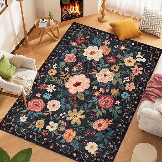 DUKINO 8x10 Area Rugs, Floral Washable Living Room Rug Non Slip, Black | Low Pile, Stain Resistant, Soft Indoor Large Carpet for Bedroom, Dining Rom, Kids Playroom, Pet Friendly, Modern Home Decor