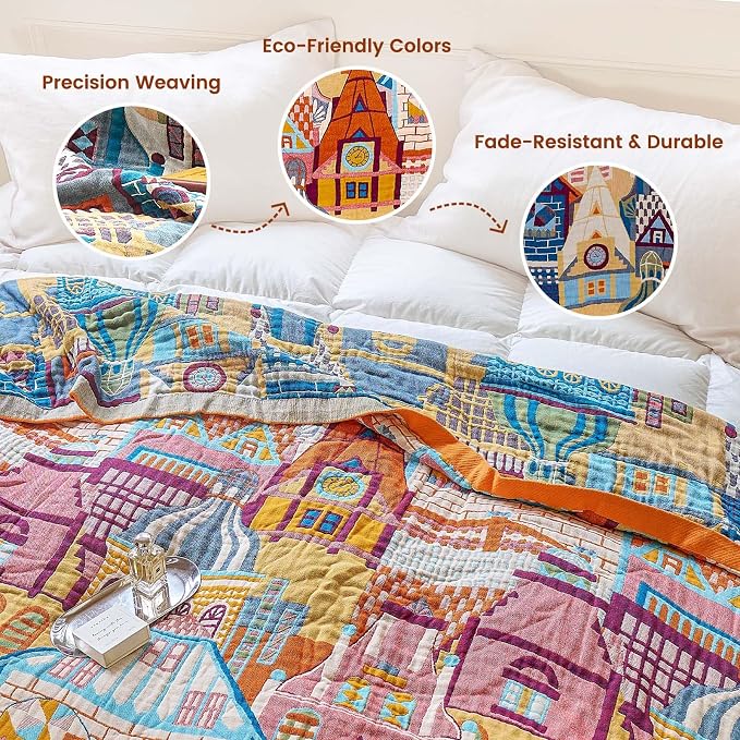 MSGKV Roman Castle Cotton Throw Blanket 50"x60" Art Woven Cotton Throw | Roman Castle Pattern, Muslin Throw, Art Woven Design, Lightweight Comfort, Decorative Home Accent, All Season Use