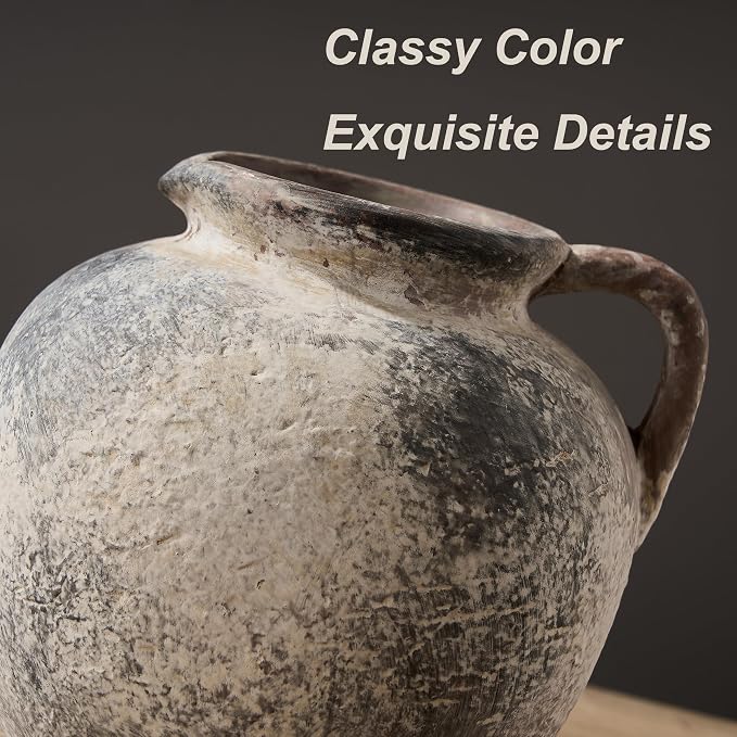 PORCER Antique Terracotta Vase with Handle, 5.6 Inch Farmhouse Ceramic Vase Boho Decor Decorative Vase, Rustic Vase for Home Decor, Living Room, Table, Wedding - Distressed Design, Gray