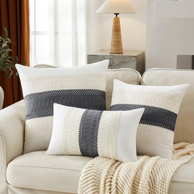 2pk Boho Pillow Covers 12x20, Natural White/Contrast/Charcoal | 100% Organic Cotton Body, Stripe Embroidery, Farmhouse Decorative Cushion Covers for Sofa Bed Living Room Home Decor