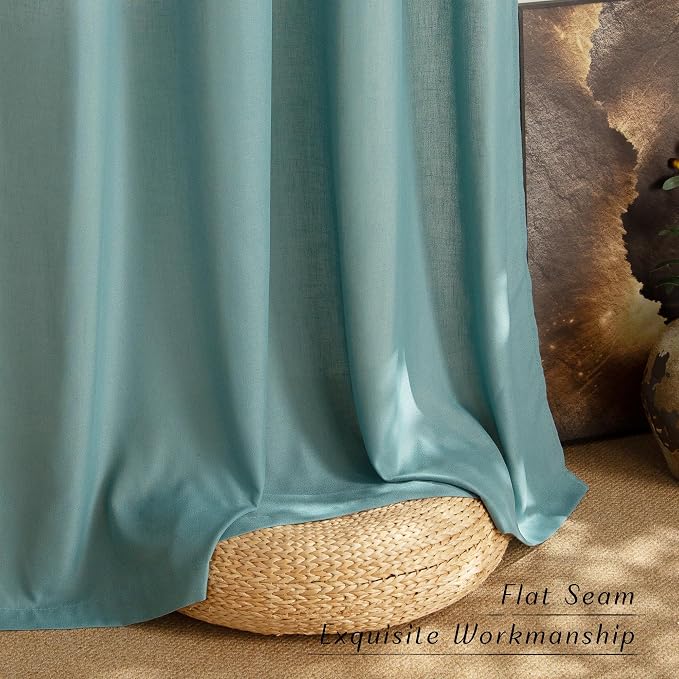 NICETOWN Greyish Blue Linen Curtains for Kitchen, Thick Flax Small Window Treatments Semi Sheer Privacy Assured with Light Through for Cafe/Bathroom, W55 x L84, 2 Panels
