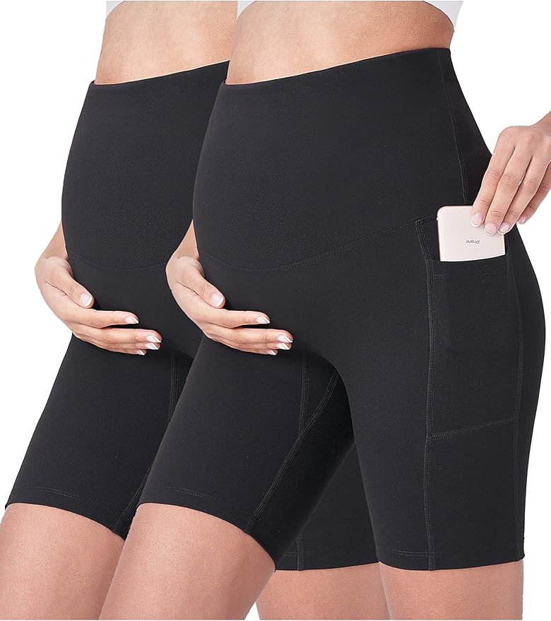 POSHDIVAH Women's Maternity Yoga Shorts Over The Belly Bump Summer Workout Running Active Short Pants with Pockets 5"/8"