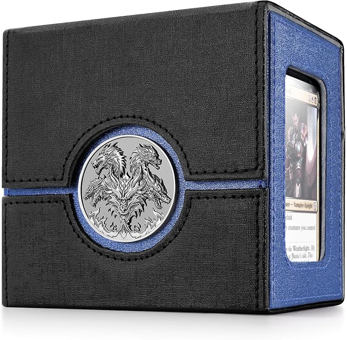 Kabinka Commander Deck Box for MTG with Metal Emblem, Card Deck Box with Dice Tray, Holds 100 Double-Sleeved Cards for TCG/PTCG, Cards Storage Case with 35PT Magnetic Card Holder (Black& Blue, Dragon)