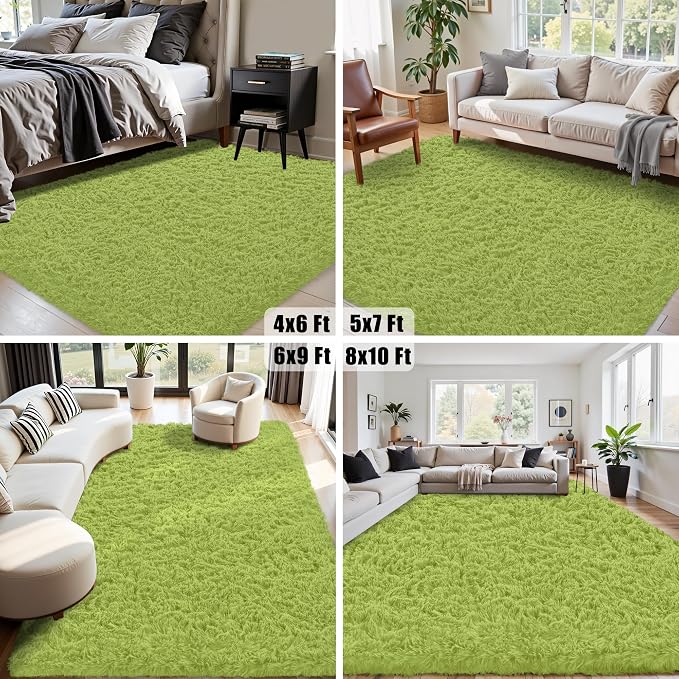 8x10 Area Rug for Living Room:Ultra Soft Fluffy Shag Light Green Rugs,Large Fuzzy Plush Indoor Non Slip Carpet Washable Rug for Bedroom Kids Nursery Office Dorm Modern Decor(Grass Green 8'x10')
