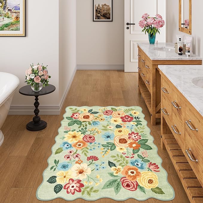 DUKINO 3x4 Rug, Non Slip Floral Washable Area Rug for Entryway, Green | Soft, Low Pile, Non-Shedding Indoor Throw Rugs for Kitchen, Hallway, Bedroom, Bathroom, Laundry, Pet Friendly, Home Decor
