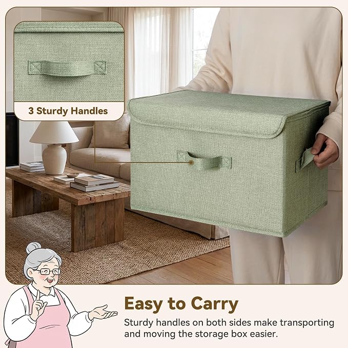GRANNY SAYS Memory Keepsake Storage Box, Fabric Storage Bins with Lids | Flip-Top Lid, Collapsible, Stackable, 3 Handles, Ideal for Closet Clothes Blanket Toys, Large, Sage Green&Dark Green, 2-Pack