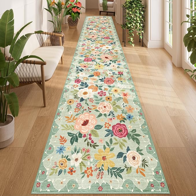 DUKINO 2.6x14 Washable Runner Rug, Floral Non Slip Long Runner Rug, Green | Soft, Low Pile, Ultra Thin Indoor Rug Runner for Hallway, Entryway, Kitchen, Bedroom, Bathroom, Pet Friendly, Home Decor