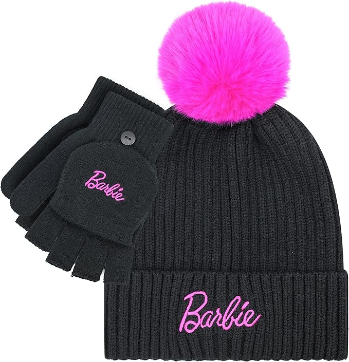 Barbie Girls Winter Hat with Gloves for Ages 5-13 Years – Ultra Soft Pink Beanie Winter Hat for Outdoors