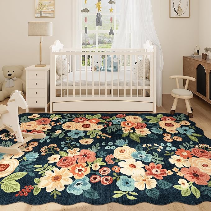 DUKINO 6x9 Area Rugs, Floral Washable Living Room Rug Non Slip, Navy Blue | Low Pile, Stain Resistant Throw Rug Runner for Entryway, Bedroom, Bathroom, Laundry, Pet Friendly, Modern Home Decor