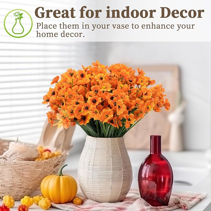ColoPlay Artificial Mums for Outdoors, 72 Bundles Fake Flowers Fall Decor | Fake Fall Flowers Faux Mums for Outdoor Planters, UV Resistant Artificial Plants for Home Garden Porch Farmhouse(Orange)