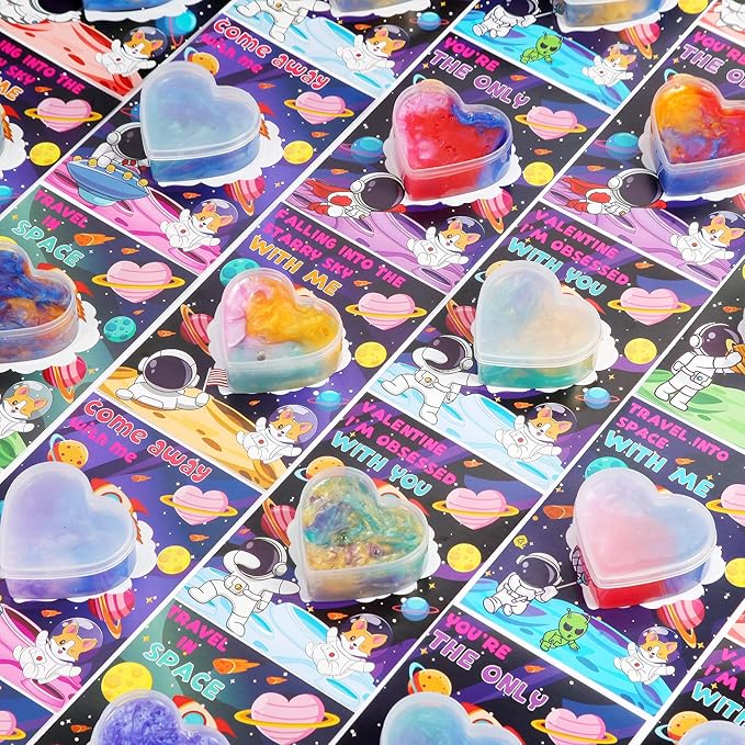 28 Pack Valentines Day Cards for Kids School - Galaxy Slime Stress Relief Fidget Toys, Perfect Classroom Exchange Gifts & School Party Favors, Kids Valentines Day Gifts for School Classroom