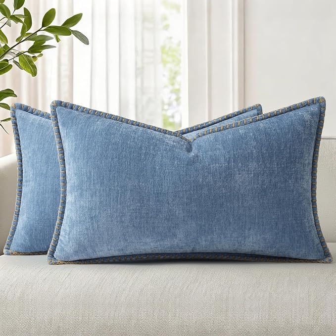decorUhome Soft Chenille Throw Pillow Covers 12x20 Set of 2 Blue | Fall Textured Decorative Throw Pillow Cases Stitched Edge Modern Farmhouse Luxury Boho Velvet for Couch Sofa Bed Home Decor