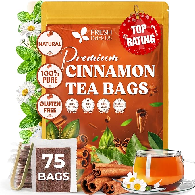 FreshDrinkUS, Premium 75 Cinnamon Tea Bags, 100% Natural & Pure, Herbal Tea, Made with Natural Materials-Corn Fiber Tea Bags, Sugar/Caffeine/Gluten Free. Warmly Taste and Balance.