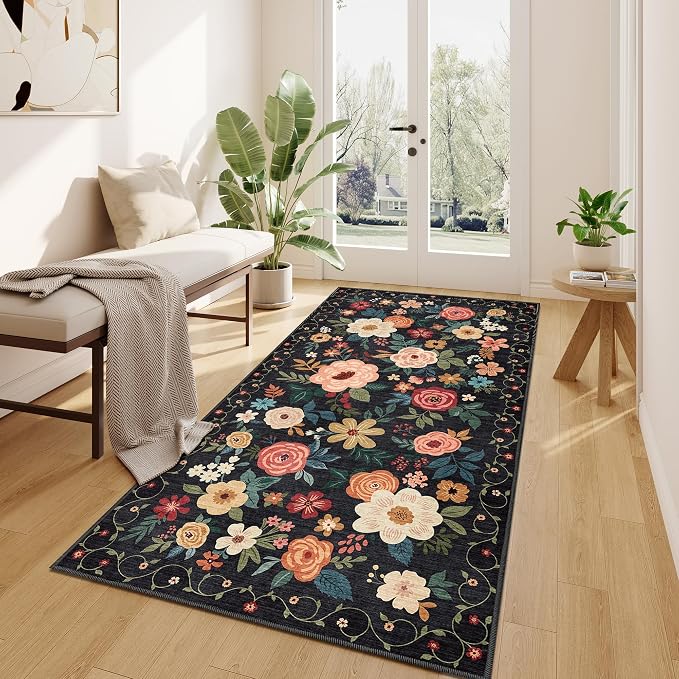 DUKINO 3x6 Runner Rug, Non Slip Floral Washable Rug for Kitchen, Black | Low Pile, Non Shedding, Soft Thin Indoor Rug for Hallway, Bedroom, Bathroom, Entryway, Laundry, Pet Friendly, Home Decor