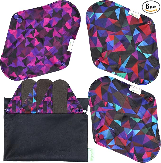 wegreeco Charcoal Reusable Menstrual Pads - Reusable Sanitary Pads | Reusable Panty Liners | Soft Cloth Menstrual - 6 Pack with 1 Cloth Mini Wet Bag (Abstract Geometrical Purple, Medium)