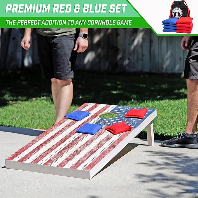 GoSports Official Regulation Cornhole Bean Bags Set of 8 – for Competitive Cornhole Games - All Weather - American Stars and Stripes or Red and Blue