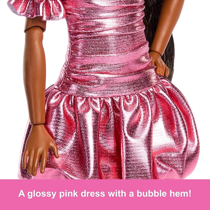 Barbie Deluxe Style Doll #6 in Metallic Coral Pink Dress with Bubble Hem, Black Hair in Ponytail, Accessories Like Sunglasses, Jewelry and Handbag