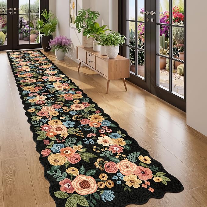 DUKINO 2.6x14 Runner Rug, Floral Washable Rug for Hallway Non Slip, Black | Soft, Low Pile, Non-Shedding Long Runner Rugs for Kitchen, Entryway, Bedroom, Bathroom, Pet Friendly, Home Decor, Ultra-Thin