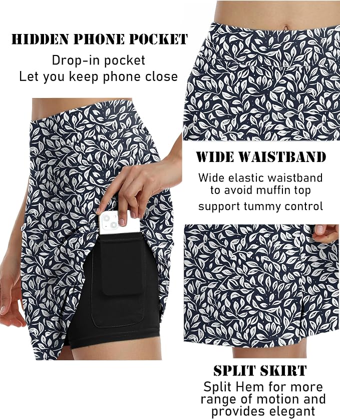 COOrun Women's 20" Knee Length Skirts High Waisted Golf Skorts with Pockets | Soft, Quick Dry, Split Hem, Built-in Shorts, A-line, Modest Skirts, for Golf Athletic Tennis Work Casual