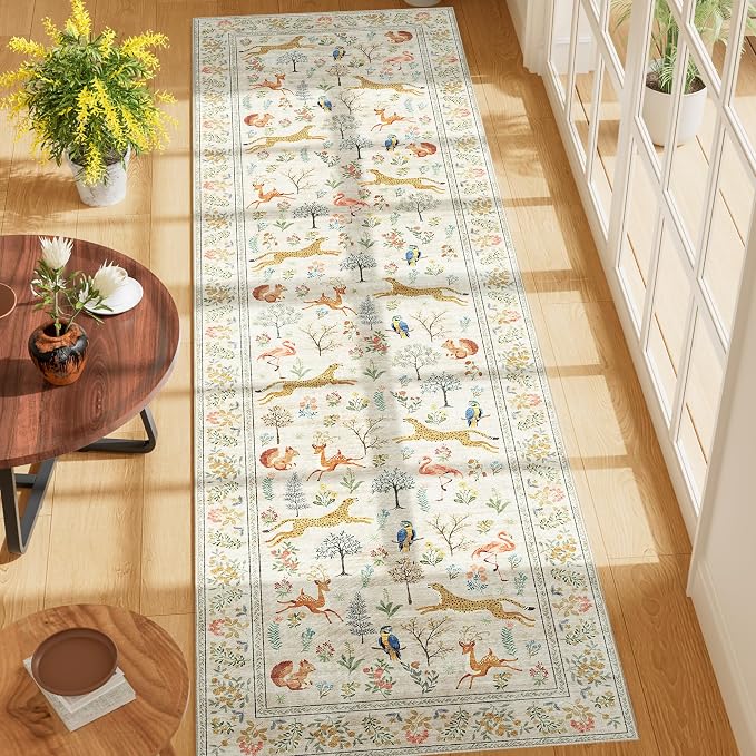 DUKINO 2x7 Runner Rug for Hallway, Washable Kitchen Rugs Non Slip, Beige | Low Pile, Stain Resistant, Animal Indoor Carpet Runner for Hallway, Entryway, Bedroom, Bathroom, Lightweight, Pet Friendly