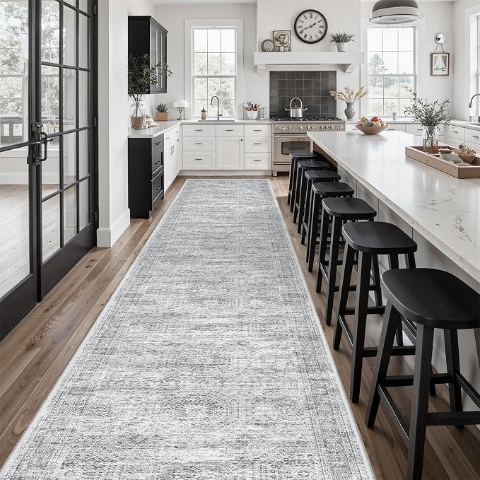 Soalmost Washable Hallway Runner Rug 3x16 Kitchen Entry Rugs Non-Slip, Grey | Vintage Extra Long Runners 16ft for Bathroom Entryway, Foldable Low-Pile Wide Floor Carpet for Corridor Living Room Bedroom