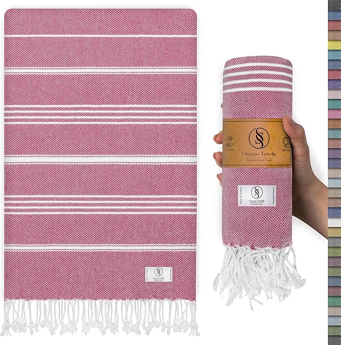 Ossano Turkish Beach Towel Soft & Drying Oversized (39" x 71") - Quick Dry, Versatile and Functional as Picnic, Travel and Beach Blanket, Yoga, Gym, Pool and Cruise Towels - Pink