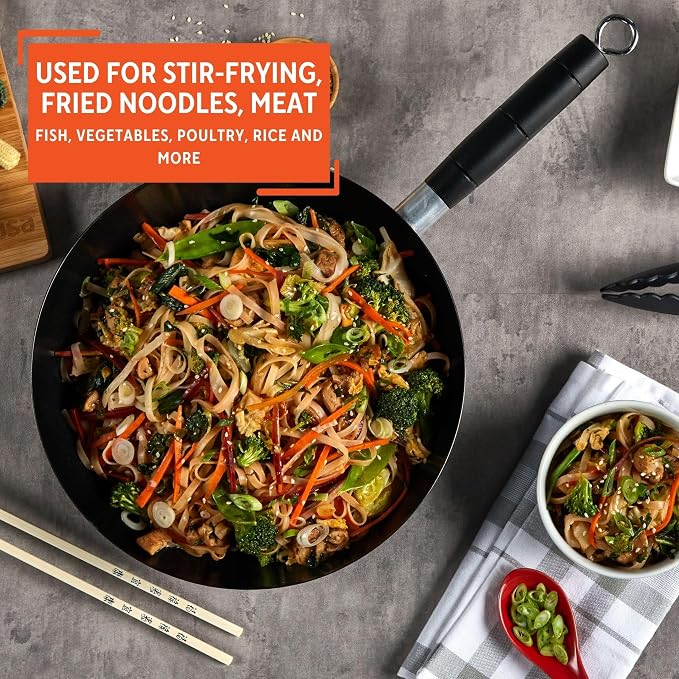 IMUSA 9.5 Inch Carbon Steel Nonstick Wok with Cool-touch Handle, Black | Cool-Touch Handle, Ideal for Stir Fry, Great for Everyday Meals