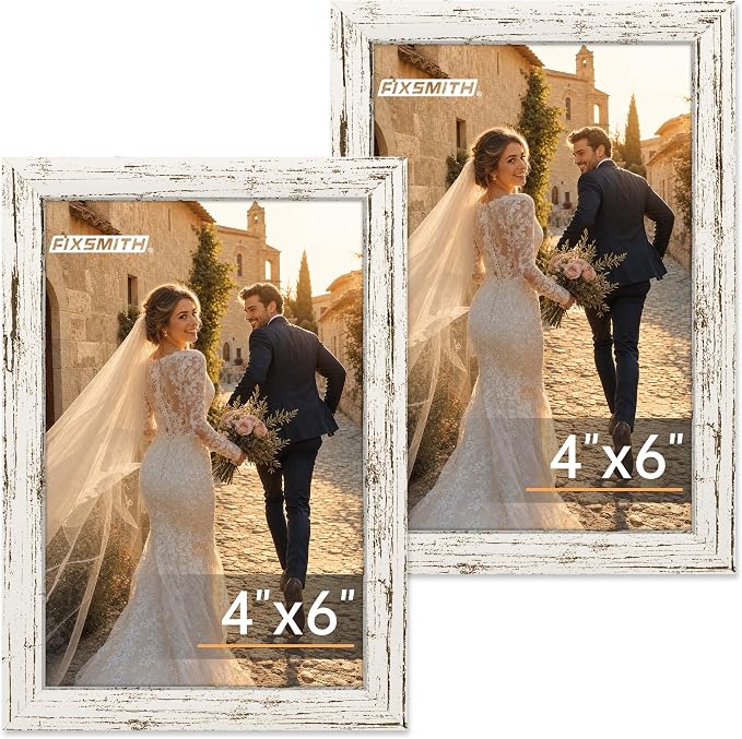 FIXSMITH 4x6 Picture Frame Set of 2, 4x6 Photo Frames with HD Plexiglass for Wall Hanging or Tabletop Display, Distressed White