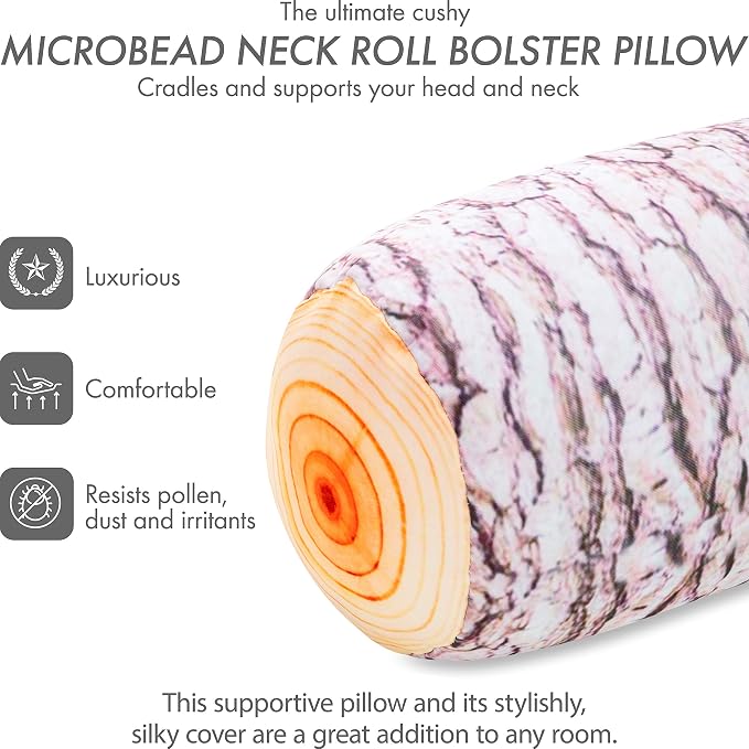 PILLOWY Microbead Log Roll Pillow - Bolster Tube Pillow Cushion Perfect Therapy Pillow - Airy Squishy Soft Bead Bag Bed Room Decoration, Neck Pillow Back Head Body Support, 14" X 8", Timber
