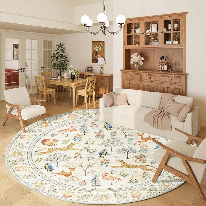 DUKINO 6ft Round Rug for Bedroom, Washable Soft Non Slip Circle Rug, Beige | Low Pile, Stain Resistant, Animal Indoor Carpet for Living Room, Kitchen, Dining Room, Nursery, Farmhouse, Pet Friendly