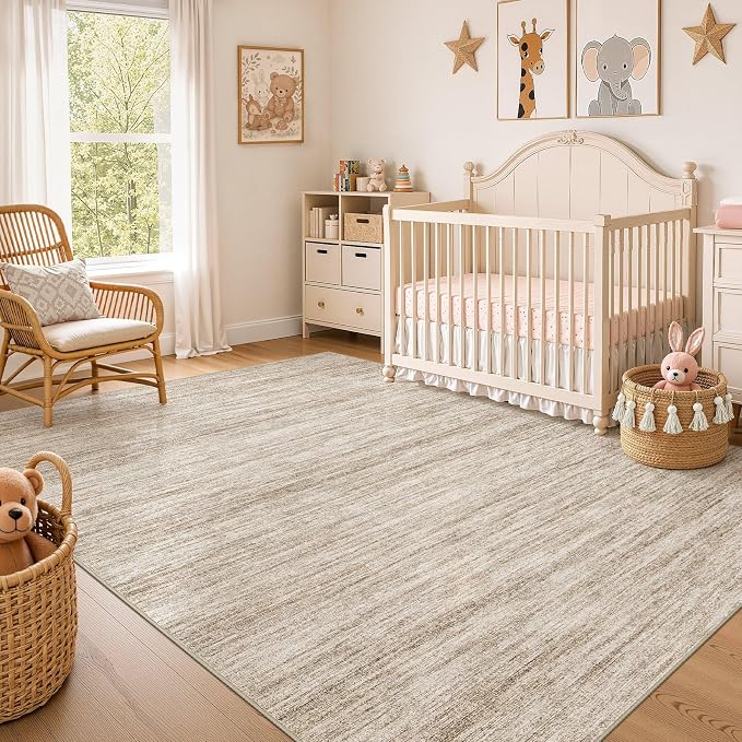 Nakagishi 10X12 Area Rugs Living Room: Washable Large Vintage Rug Neutral Non-Slip Soft Stain Resistant Indoor Carpet for Bedroom Nursery Dining Room Office Playroom - Dark Brown