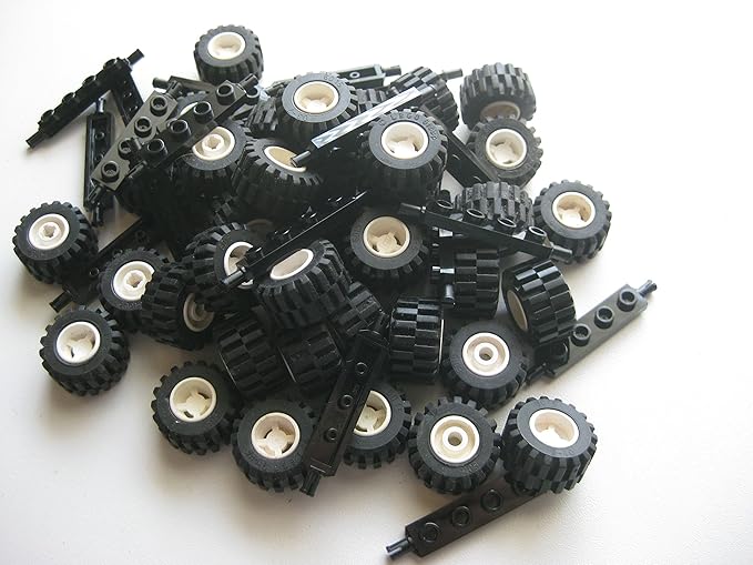 LEGO City Complete Wheel Assembly Lot, 20 Black Axles, 40 Black Rubber Tires, 40 White Wheels