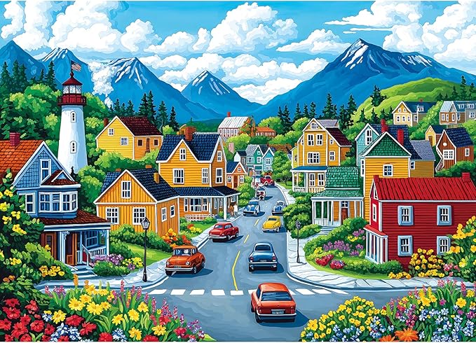1000 Piece Jigsaw Puzzle for Adults - Colorful Mountain Town: Vintage Cars, Lighthouse & Flower-Lined Streets, 27.5x19.7 Inch Unique Art Puzzle, Challenging Hard Difficult Puzzles for Adults