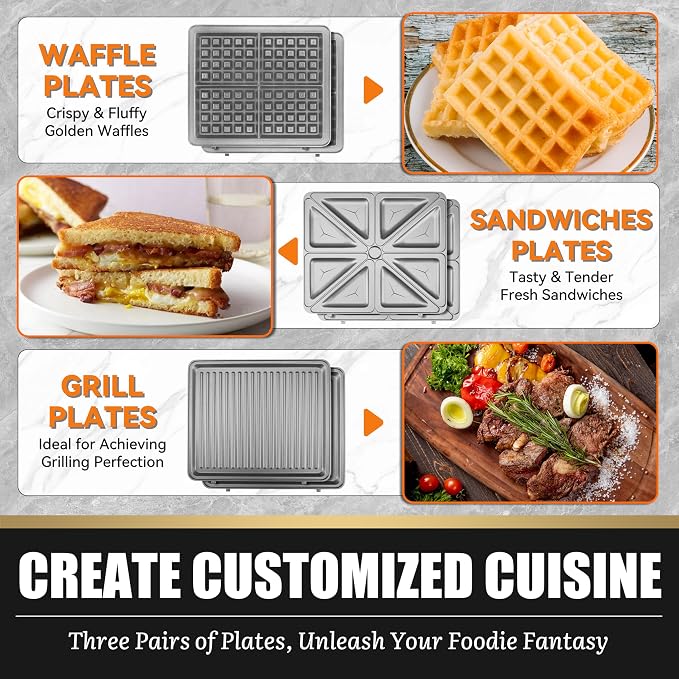 FineMade Belgian Waffle Maker with Removable Plates, Waflera Electrica, Large Waffle Iron, 3 in 1 Panini Grill Press Breakfast Sandwich Maker, Electric Griddle, Grilled Cheese Maker, Breakfast Station