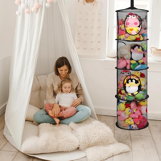 3Pcs Hanging Mesh Space Saver Bags Organizer, Foldable Storage Organizer 4 Compartments Toy Storage Organizer for Kid Room Toys, Gloves,Hats,Socks Storage (Black)