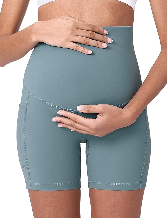 POSHDIVAH Women's Maternity Yoga Shorts Over The Belly Bump Summer Workout Running Active Short Pants with Pockets 5"/8"