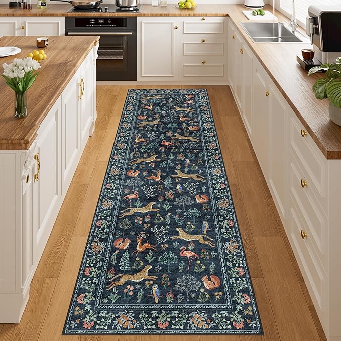 DUKINO 2x10 Kitchen Runner Rug, Soft Non Slip Animal Washable Rug Navy Blue | Low Pile, Non-Shedding Indoor Carpet Runner for Hallway, Entryway, Bedroom, Bathroom, Laundry, Pet Friendly, Stain Resistant