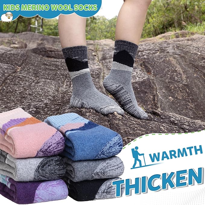 WEVIAS Kids Merino Wool Hiking Socks Boys Thermal Winter Cozy Boot Warm Cushion Socks 6 Pairs