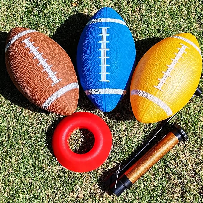 6 Pack 9" Mini Inflatable Rubber Footballs Party Favors, Small Peewee Size Footballs for Kids, Junior Outdoor and Indoor Games - Sports Balls Playground Ball with Pump and Kicking Tee