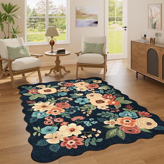 DUKINO 4x6 Area Rug, Non Slip Floral Washable Living Room Rug, Navy Blue | Low Pile, Stain Resistant, Soft Throw Rugs for Bedroom, Office, Dining Room, Nursery, Pet Friendly, Home Decor, Lightweight