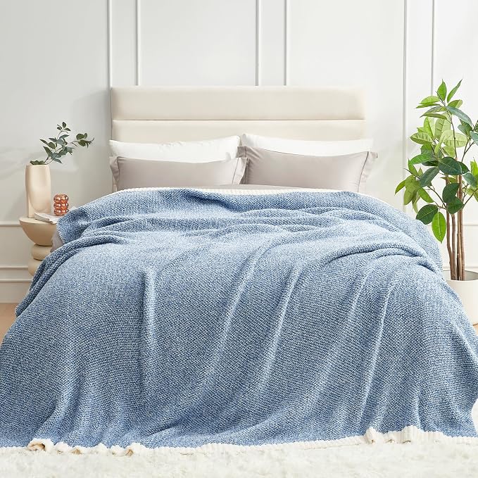Snuggle Sac Queen Size Bed Blanket Heather Blue, Reversible Super Soft Microfiber Blankets Warm Cozy Knit Fuzzy Plush Bed Blankets, Blue, Queen 90x90