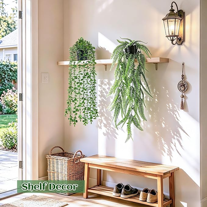 Der Rose 4Pcs Fake Hanging Plants with Lush Cascading Greenery | Artificial plant with black pots, 20–34 in long faux vine, for bathroom, kitchen, living room wall, shelf decor indoor