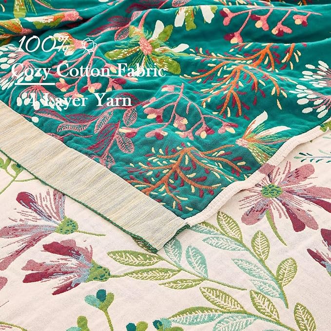 XIBLC Boho Throw Blanket for Bed, 100% Cotton Soft Rustic Quilt Fall Blanket, 60"x80" Floral Printed Farmhouse Decor Bed Blankets, All Season Rustic Reversible Bohemian Throw Quilt